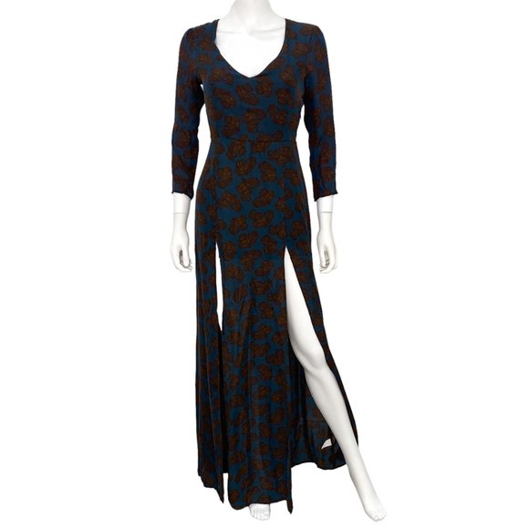 For Love & Lemons Double Slit V-Neck Maxi Dress Paisley Print Silk Blue Size S - Picture 3 of 14